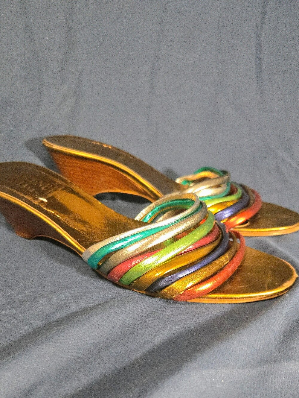 1970's Vintage "Beene Bag" Strappy Rainbow Metallic Low-Heel Sandals - Size 7.5